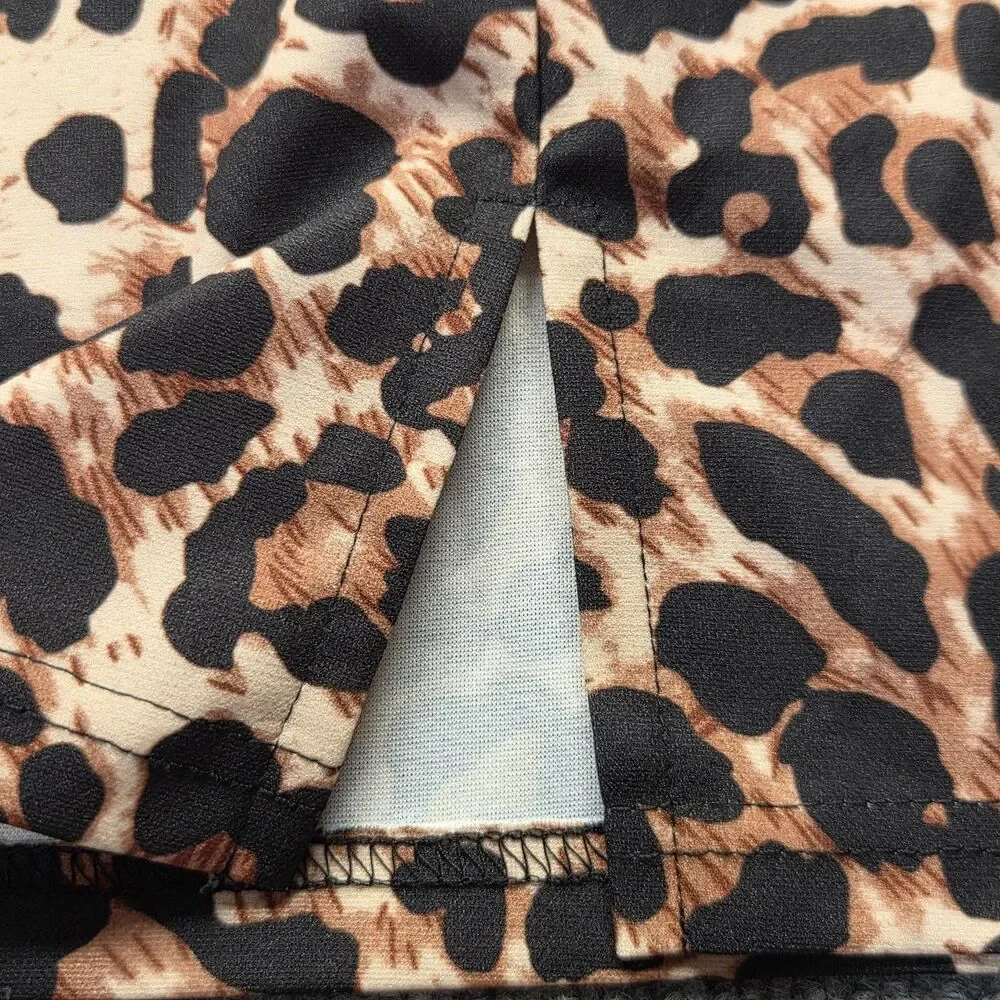 Womens Skirt Medium Black Brown Leopard Print A-Line Mini Slit Stretch Zip